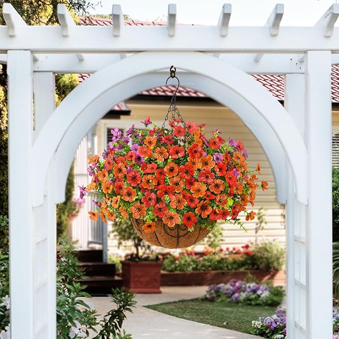 Artificial Faux Hanging Plants Flowers Basket for Spring Outdoor Decoration, Fake Silk Daisy in Planter Realistic UV Resistant Look Real for Porch Home Patio Balcony Yard(Purple Orange red)