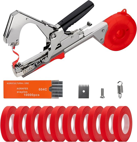 Plant Tying Machine, Garden Tapetool Tapener,Vines Plant Tying Tool for Grapes,Tomatoes,Peppers,Indoor Plant with 10 Rolls of Tape,10000 Staples,1 Replacement Part, Red