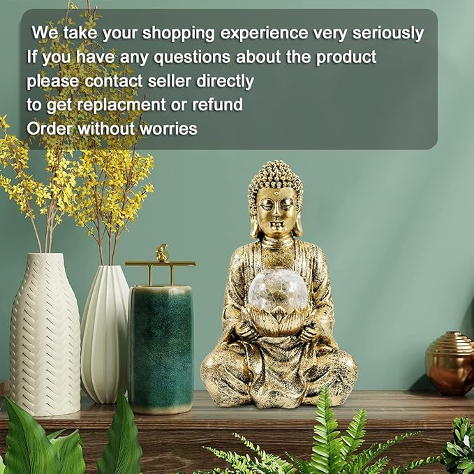 Nacome Meditating Buddha Statue with Solar Light,Zen Solar Garden Buddha with Cracked Glass Ball Sculpture-Indoor/Outdoor Decor for Balcony,Garden,Patio,Porch Yard Art Ornament,10.5 inch(Gold)