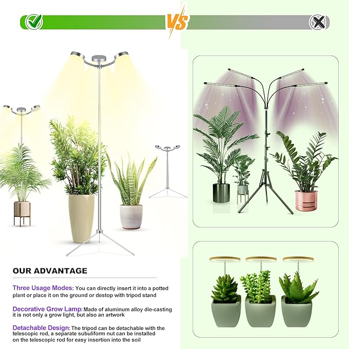 Grow Lights Full Spectrum with Detachable Tripod Stand, Multi-Functional 10-55 Inches Height Adjustab Stand and Desktop Plant Growing Lights for Indoor Large Small Plants with Auto On/Off Timer