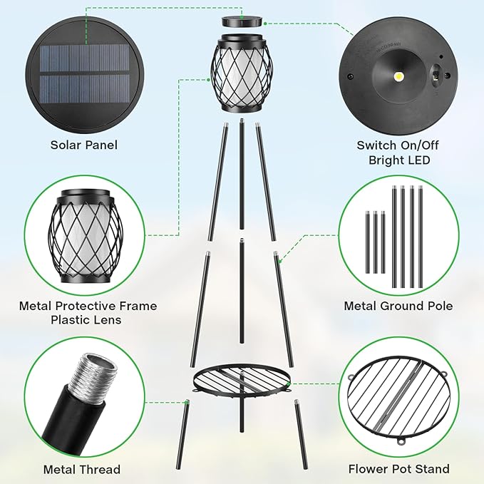 Solar Lights Outdoor Street Lights with Plant Stands 2 Pack, Solar Floor Lamp Metal Tripod Patio Lights for Garden Yard Pathway Driveway Front/Back Porch Decoration