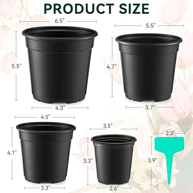 GROWNEER Nursery Pots with Drainage Holes Pack of 48 Pcs 3.5/4.5/5.5/6.5 Inch and Plant Label Flexible Seedling Pots Seed Starting Planter for Indoor Outdoor Flowers, Succulents, Cactus