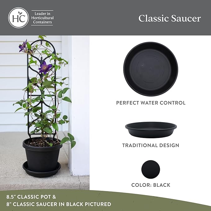 The HC Companies Flower Pot Saucers - Plastic Plant Saucer for Outdoors & Indoors - Traditional Design Plant Pot Trays for Water Drainage - Durable & Stylish Round Plant Tray (8-inch Black)