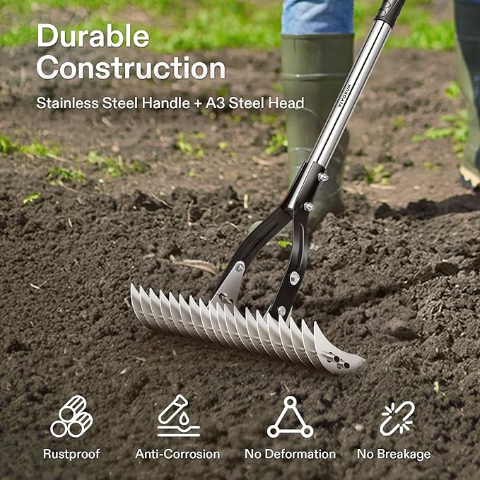 VIVOSUN 15" Thatch Rake, 15" x 70" Lawn Thatching Rake, Sturdy Dethatcher Rake, Efficient Steel Metal Rake with Handle, Durable Adjustable Head for Removing Dead Grass and Clippings, Loosening Soil