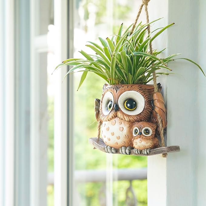 Swing Owl Hanging Planters for Indoor Plants, Cute Small Succulent Pots with Drainage Hole, Unique Resin Plant Hangers Outdoor, Hanging Plant Holder for String Of Pearls, Gift Ideas for Mother