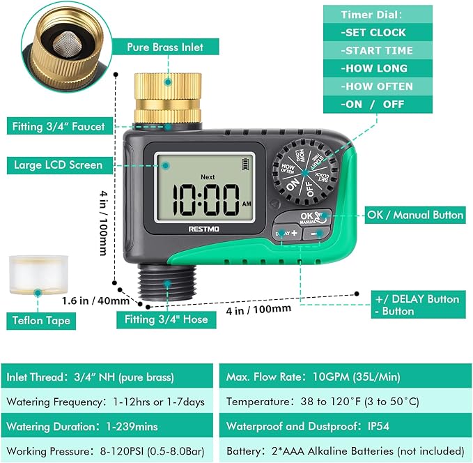 RESTMO Sprinkler Timer with Brass Inlet, Programmable Water Timer for Garden Hose, Automatic Digital Control | Manual ON/Off | Rain Delay, for Outdoor Faucet, Drip Irrigation and Lawn Watering System