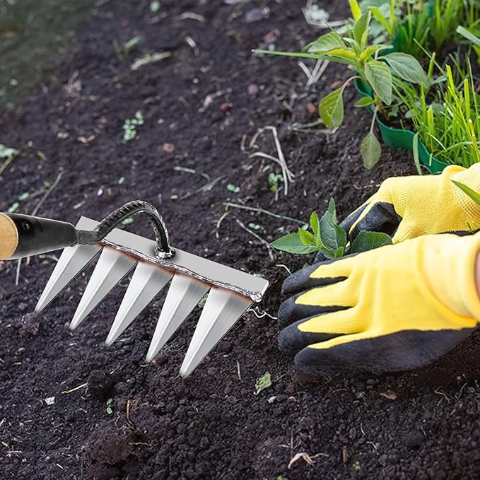 Iron Rake for Gardening and Weeding - Heavy Duty Garden Tool, Carbon Steel Hand Rake for Sturdy Dethatching, Heavy Duty Rake 5 Toothed Steel (Without Stick)