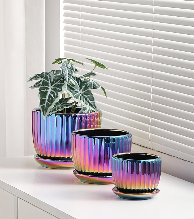 Ton Sin Flower Pots, Purple Ceramic Plant Pots Set of 3,Small Glazed Succulent Pots with Drainage Hole,Cactus Planter with Saucer,Outdoor Garden Pots (Colorful Gold)