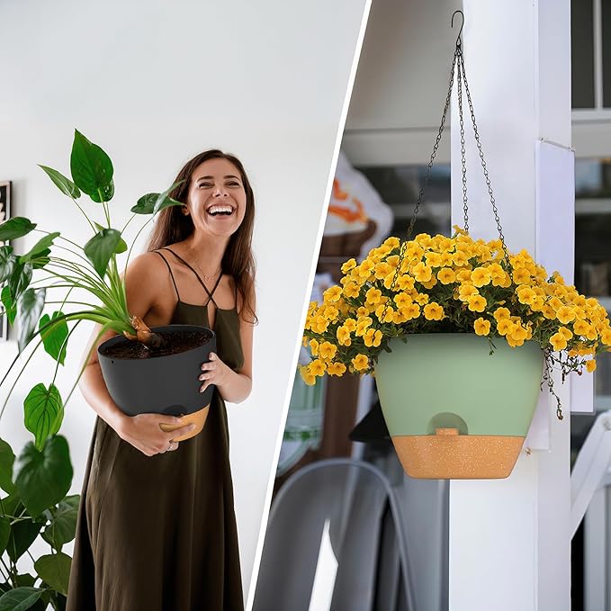 ZMTECH 12 Inch Hanging Planters for Indoor Outdoor Plants, 2 Pack Self Watering Hanging Plant Pots with Drainage Hole, Visual Reservoir, Plastic Flower Hanging Pots with Watering Lip (White)