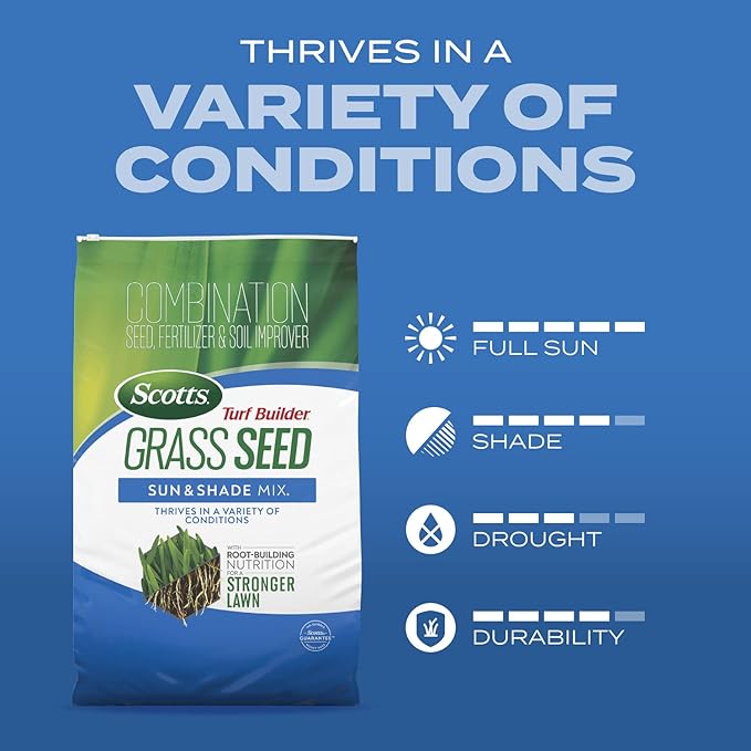 Scotts Turf Builder Grass Seed Sun & Shade Mix with Fertilizer and Soil Improver, Thrives in Many Conditions, 5.6 lbs.