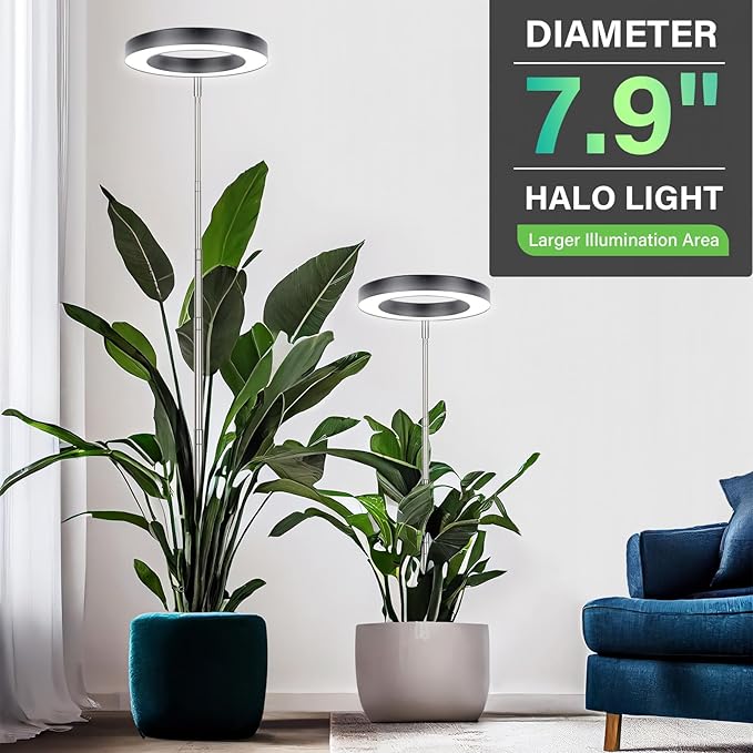 LORDEM Grow Light for Indoor Plants, 7.9" Full Spectrum LED Plant Grow Light, Height Adjustable Growing Lamp with Auto Timer 4H/8H/12H, 6 Dimmable Levels, Ideal for Large Tall Plants, 2 Packs, Black