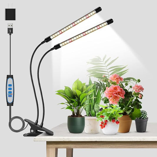 Garpsen Grow Lights for Indoor Plants, 2 Heads Full Spectrum LED Plant Grow Lights, 40 LEDs Clip on Plant Light for Small Plants with Auto on/Off Timer Setting(6/12/16H), 5 Level Dimmable
