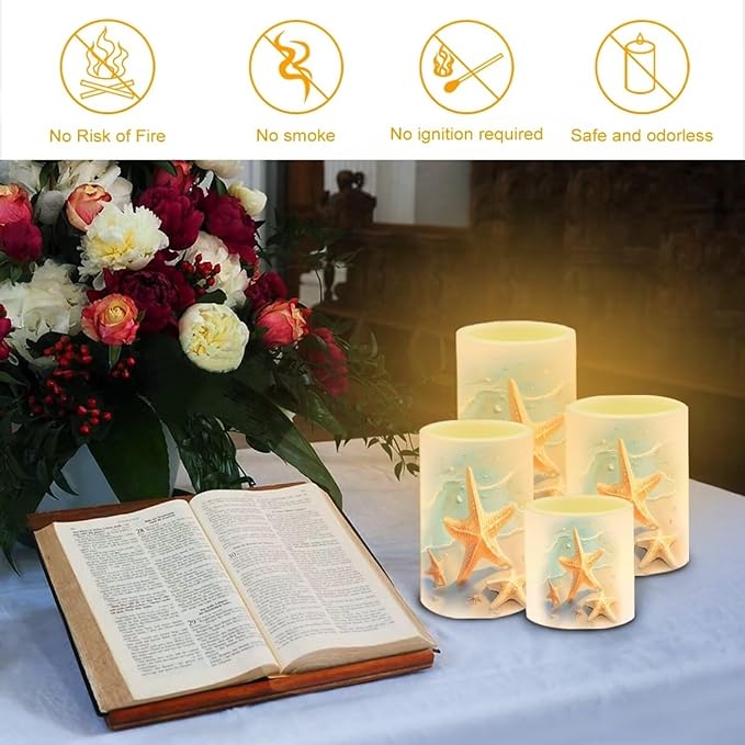 Flameless Candles Battery Powered LED Pillar Candle Tealights with Remote Timer Color Changing Control for Indoor Outdoor Coastal Home Decor Set of 4, Beach Starfish Blue