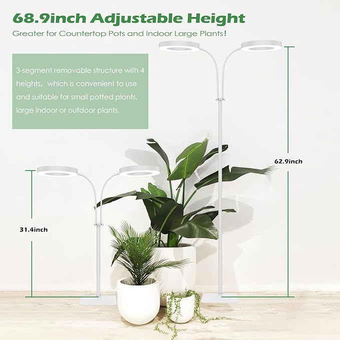Grow Light, 2-Head LED Floor Plant Growing Lamp, Full Spectrum Plant Light for Indoor Plants, Extended&Built-in Power Cord, Automatic On/Off Timer, 6-Level Dimming, Adjustable Height of 63 in