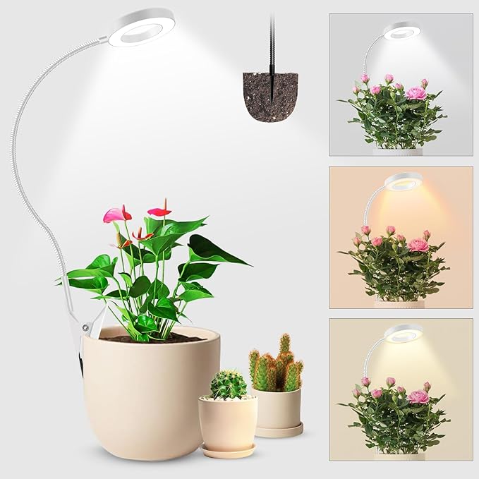 Wolezek 2 in 1 Grow Lights for Indoor Plants, 3 Colors Plant Lights for Indoor Growing with 360° Gooseneck, 48 LEDs Full Spectrum Plant Grow Lights Indoor, 6/12/16H Timer, 5 Brightness, White 1 Pack