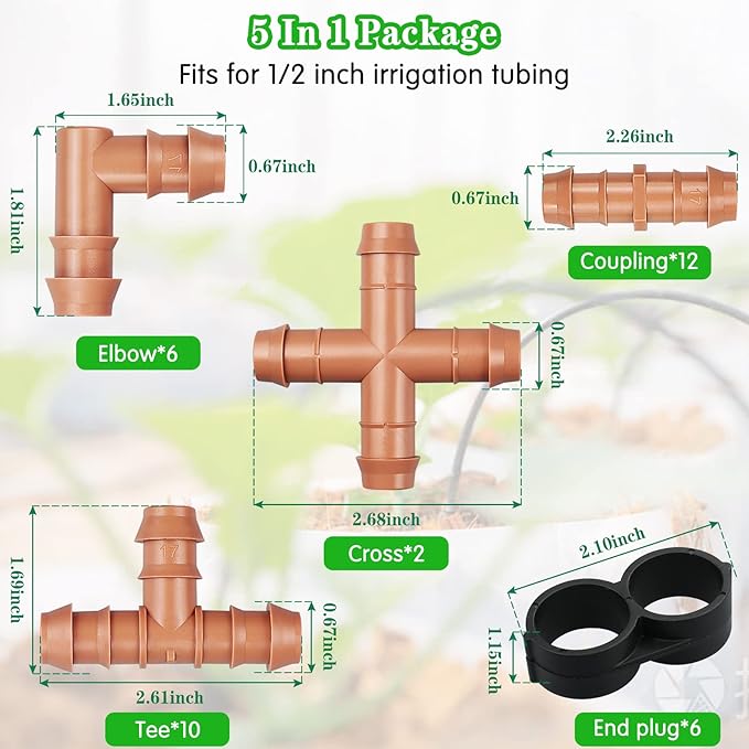 36 Pieces Drip Irrigation Kit：Drip Irrigation Parts for 1/2 Inch Drip Irrigation Tubing with 17mm 0.600" ID Drip Barbed Connectors Including 12 Couplings 10 Tees 6 Elbows 6 Plugs 2 Crosses