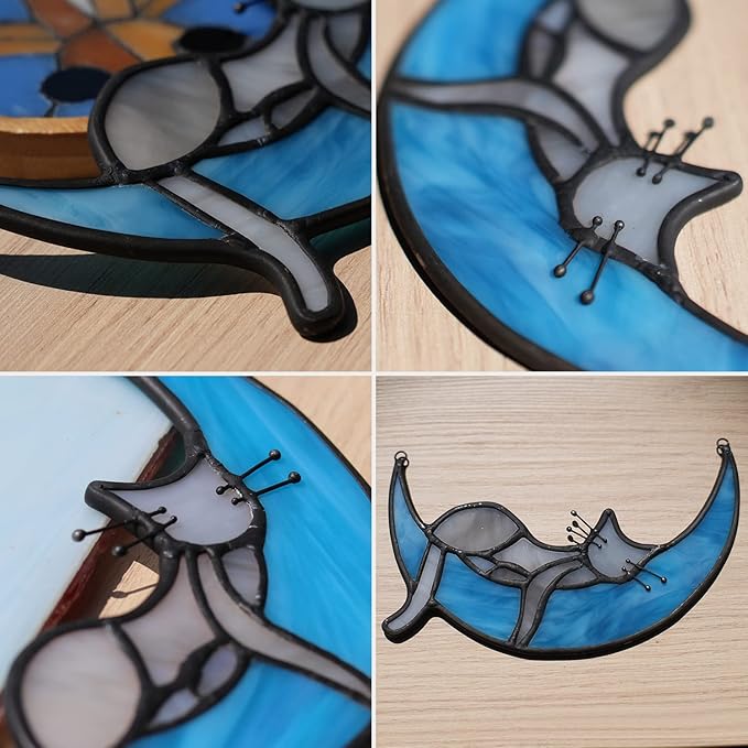 BOXCASA Sleeping Cat Stained Glass Windown Hanging,Grey Cat on Moon Beautiful Handcrafted Sun Catcher Gifts for Daughter,Mothers Day,Christmas and Cat Lover
