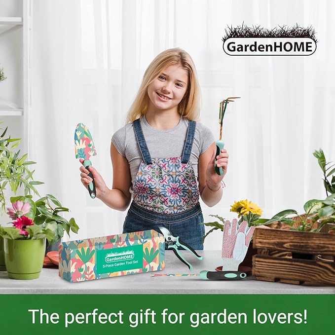 5-Piece Tool Set, Durable Garden Kit with Ergonomic Non-Slip Handles, Accessories and Gifts for Women, Floral Design for Yard and Gardening Work