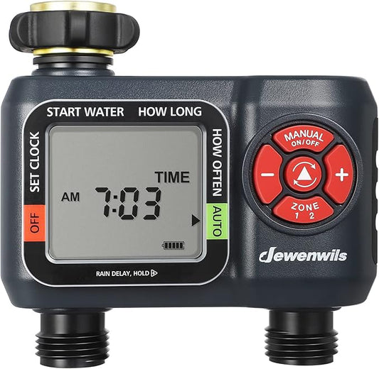 DEWENWILS Sprinkler Timer 2 Zone, Water Hose Timer with Rain Delay/Manual Watering/Automatic Irrigation Timer, Programmable Outdoor Faucet Timer for Garden, Yard, Lawn