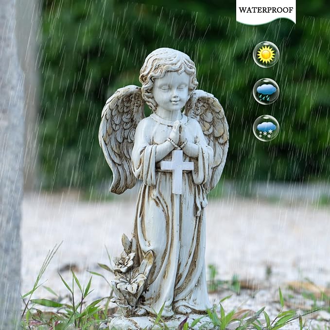 Angel Statue for Garden,Solar Angel for Cemetery Decorations,Garden Memorial Angel,Resin Praying Angel Figurine for Patio Lawn Yard Porch Decorations,12.12inch