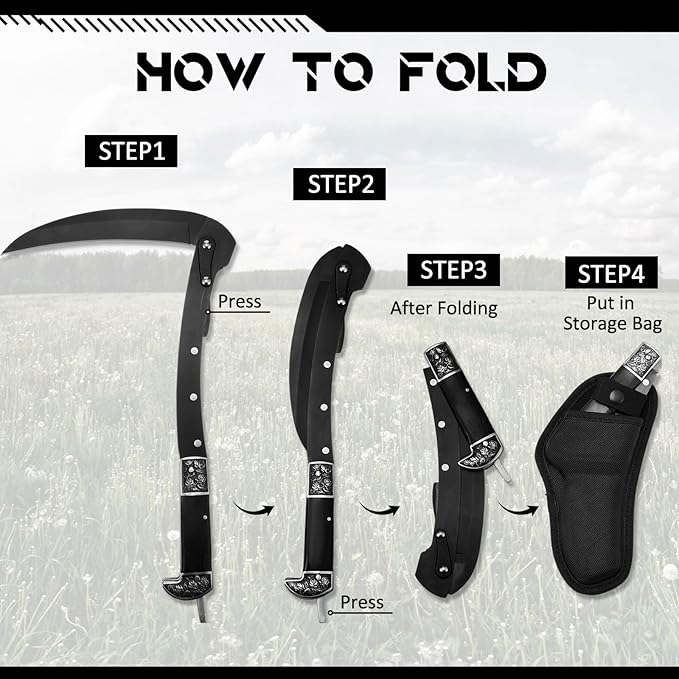 2 Pcs Black Sharp Folding Sickle 14.6 inch Grass Hand Sickle Knife Wooden Handle Portable Safety Manual Sickle Garden Tool with Sheath for Lawn Branches Weeds Gardening Farming Cutting