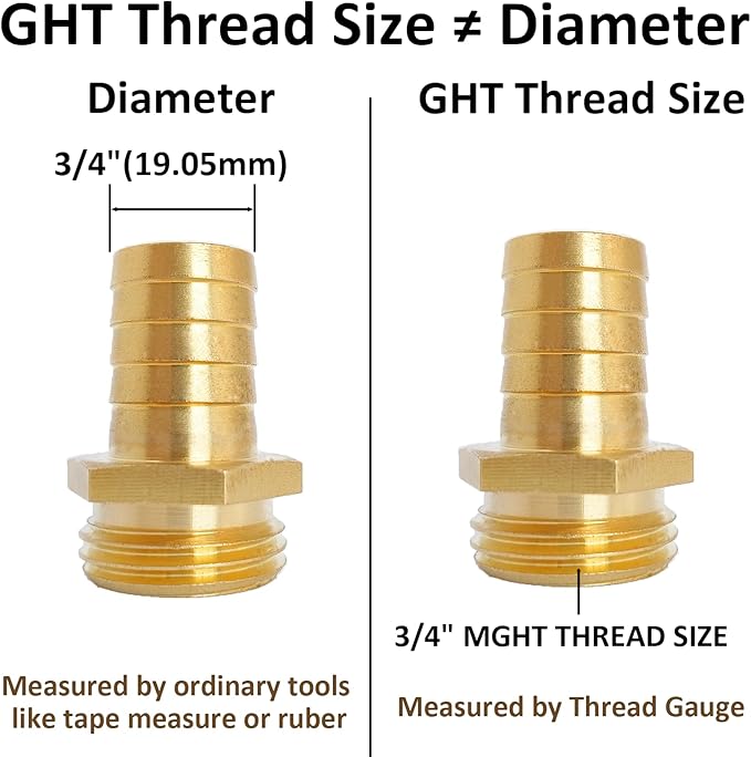 2Pcs 3/4" Barb x 3/4" Male GHT Thread Hex Brass Garden Water Hose Pipe Connector Copper Fitting with Stainless Clamp House/Boat/Lawn/Power Wash/Irrigation