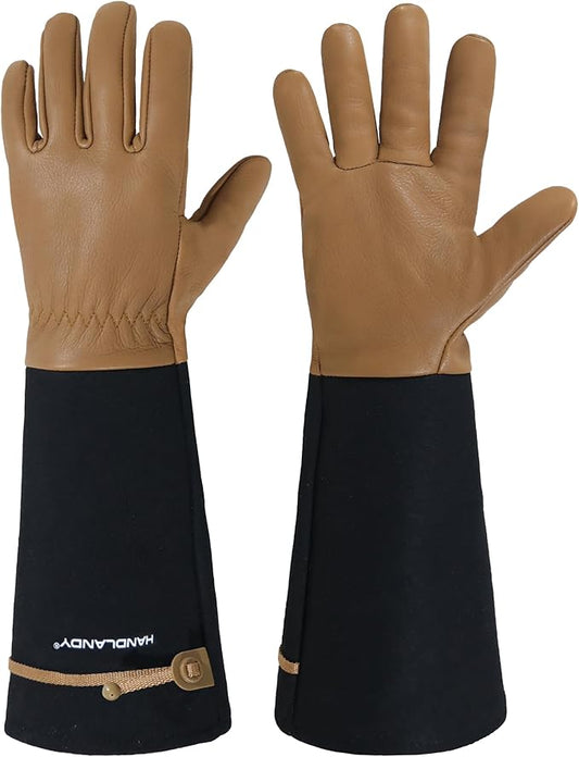HANDLANDY Long Gardening Gloves for Men & Women, Cowhide Leather Rose Pruning Gloves, Breathable Thorn Proof Gauntlet Gloves (Brown-Cowhide, L)