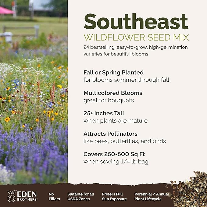 Eden Brothers Southeast Wildflower Mixed Seeds for Planting, 1/4 lb, 120,000+ Seeds with Cornflower, Blanket Flower | Attracts Pollinators, Plant in Spring or Fall, Zones 3, 4, 5, 6, 7, 8, 9, 10