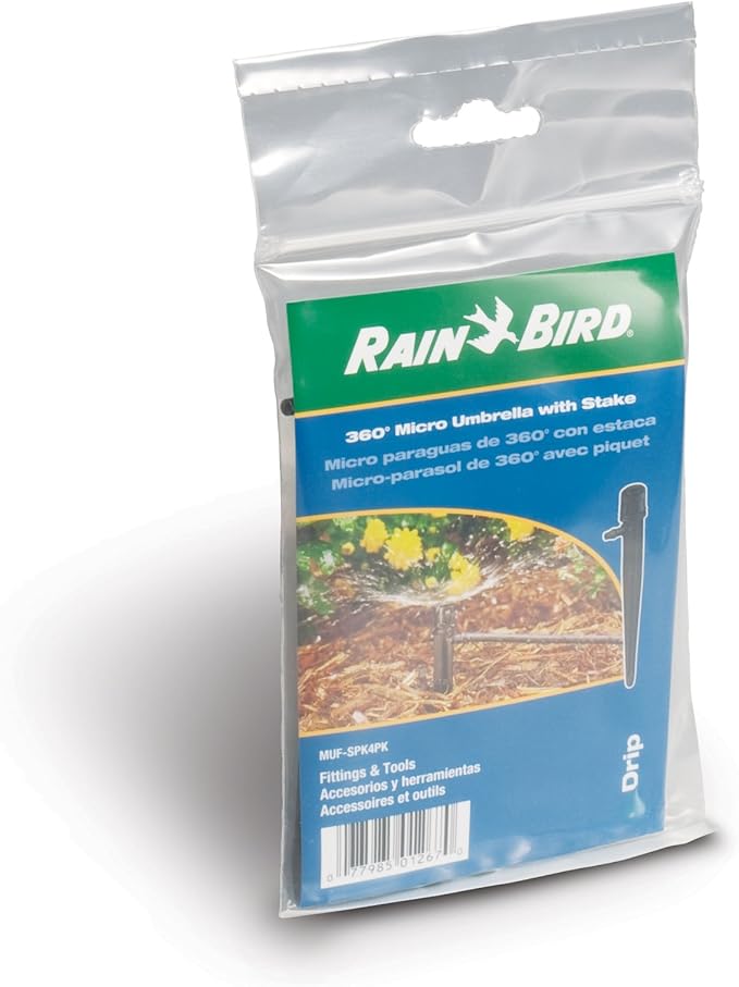 Rain Bird MUF-SPK4S Drip Irrigation Micro-Umbrella Bubbler on Stake, 360° Full Circle Pattern, 0-3' Spray Distance, 12-Pack