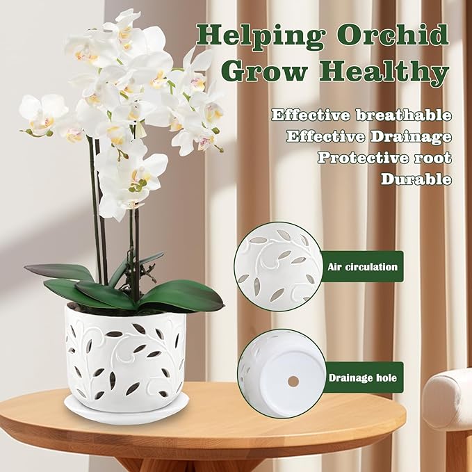Set of 2 Orchid Pots with Holes & Saucers for Orchid Root Health, 5 inch&6 inch Ceramic Pots for Plants, Effective Drainage and Ventilation to Assist New Plants or Repotting
