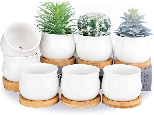 Succulent Plant Pot, White Mini 2.6 inch Ceramic Flower Planter Pot with Bamboo Tray, Pack of 8 - Plants Not Included
