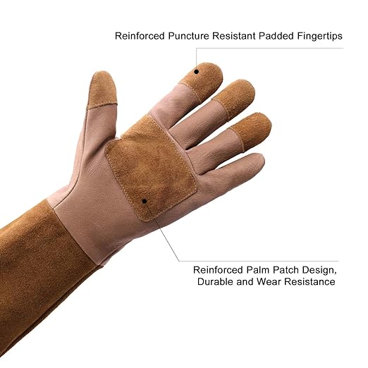 HLDD HANDLANDY Long Sleeve Leather Gardening Gloves,Puncture resistant,Breathable Pigskin Leather Gauntlet,Rose Pruning Floral Gauntlet Garden Gloves For Women and Men (Small, Brown)