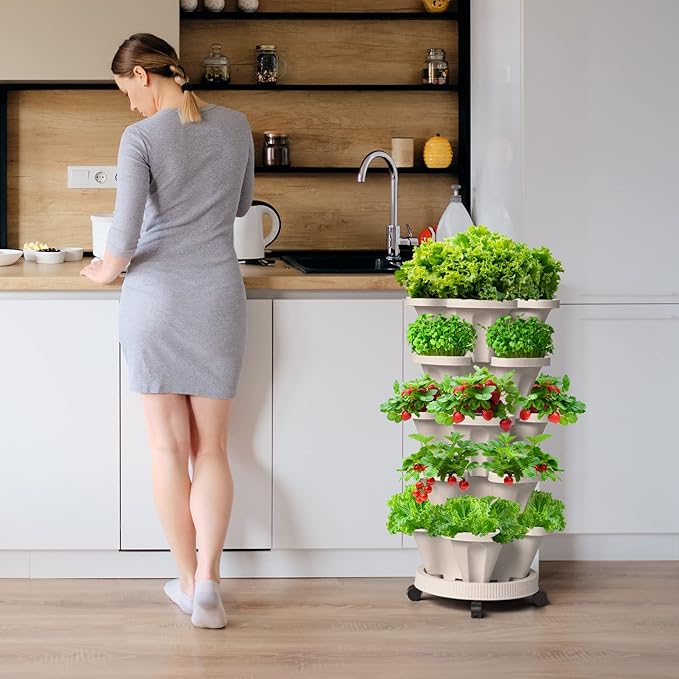 Strawberry Vertical Planter GardenTower, 5 Tiered Stackable Planter with Support Pole, Stacking Herb Vegetable Planters Indoor and Outdoor - Light Grey