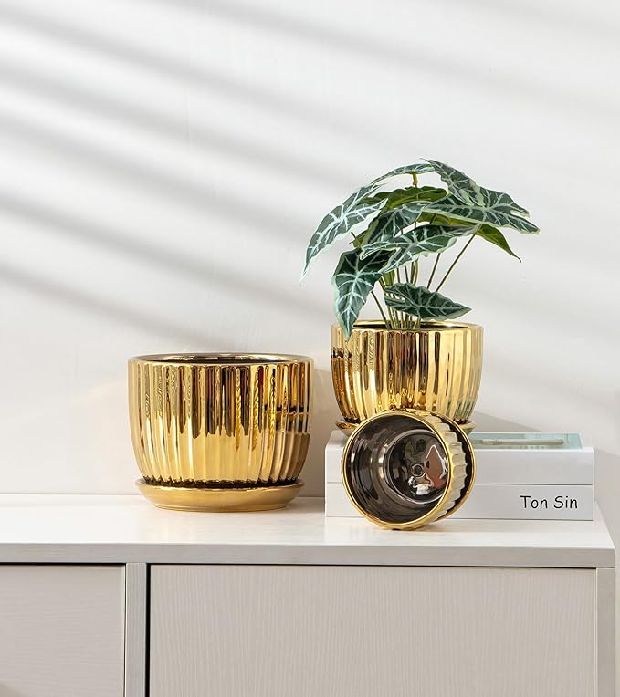 Ton Sin Gold Plant Pots,4.1+5.1+6.5 Inch Flower Pots,Ceramic Succulent Planters Set of 3,Mini Indoor Pots with Drainage,Handmade Decorative Ceramic Orchid and Herb Pots(Gold)