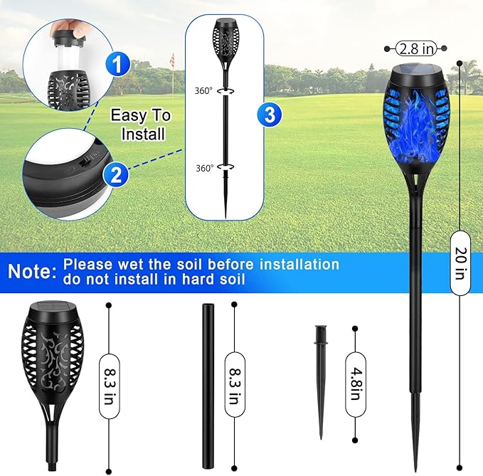 4 Pack Solar Torch Lights Outdoor Waterproof - Blue Flickering Flame, Outdoor Solar Garden Lights for Yard, Tiki Torches for Outside Patio Pathway Decorations