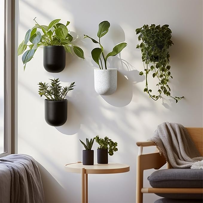 LA JOLIE MUSE Wall Hanging Planters for Indoor Plants，Hanging Flower Pots for Air Plants Succulent, Set of 2, 6 Inch, Black