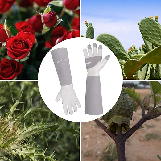 HLDD HANDLANDY Gardening Gloves for Women & Men, Leather Long Sleeve Rose Pruning Gloves, Thorn Proof Garden Work Gauntlet Animal Handling Gloves (Medium, Gray)
