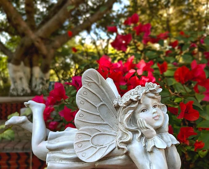 MeritMode Fairy Garden Figurines - Angel Statue with Butterfly and Holding Face, for Mom, Resin Outdoor Figurine for Patio & Yard, 10" Width
