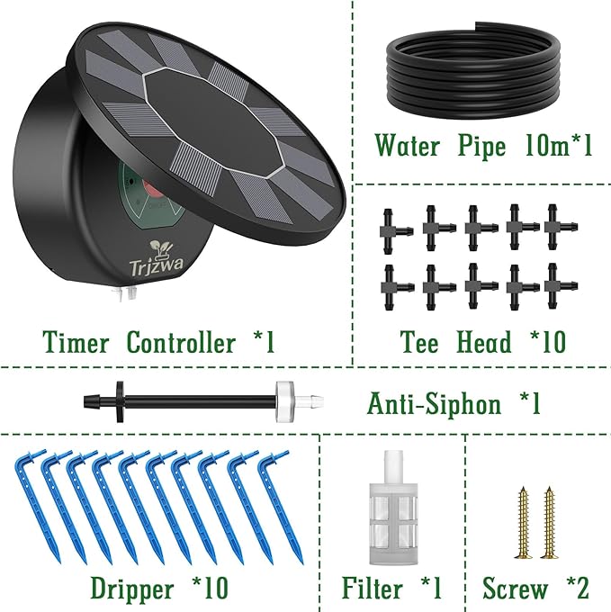 Solar Automatic Drip Irrigation System Kit, DIY Irrigation System for Garden Outdoor/Indoor Gardening System, Plant Watering System Drip Irrigation System, 9 Timing Modes with Anti-Siphon Set