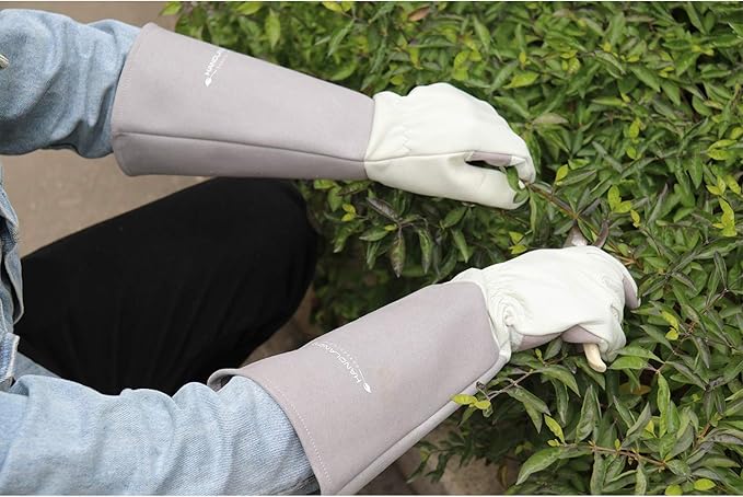 HANDLANDY Long Gardening Gloves for Men & Women, Thorn Proof Rose Pruning Gloves Leather Gauntlets Garden Gloves Yard Work Gloves (Small, Grey)