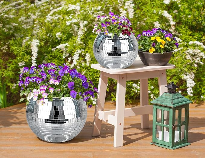 Disco Ball Planter, 1pcs 10” Silver Disco Ball Planter, Disco Ball Plant Hanger with Hanging Rope, Hanging Chain, Hook, Circle and Extra Mirror Pieces(10" Silver, 1pcs)
