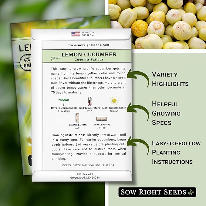 Sow Right Seeds - Lemon Cucumber Seeds for Planting - Non-GMO Heirloom Seeds with Instructions to Plant and Grow a Home Vegetable Garden - Unique Round Variety with Melon Flavor for Outdoors (2)