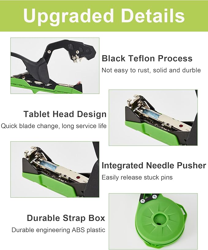 PATILWON Plant Tying Machine with Green Tape - Lightweight Plant Tie Tool for Vine Plants, Includes Staples, Blades, and 20 Rolls of Elastic Tape for Gardening