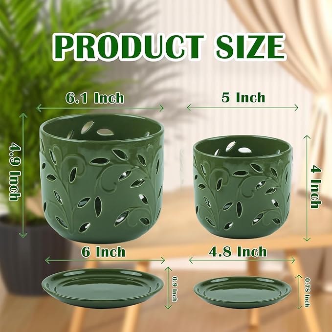 Set of 2 Orchid Pots with Holes & Saucers for Orchid Root Health, 5 inch&6 inch Ceramic Pots for Plants (Patina)