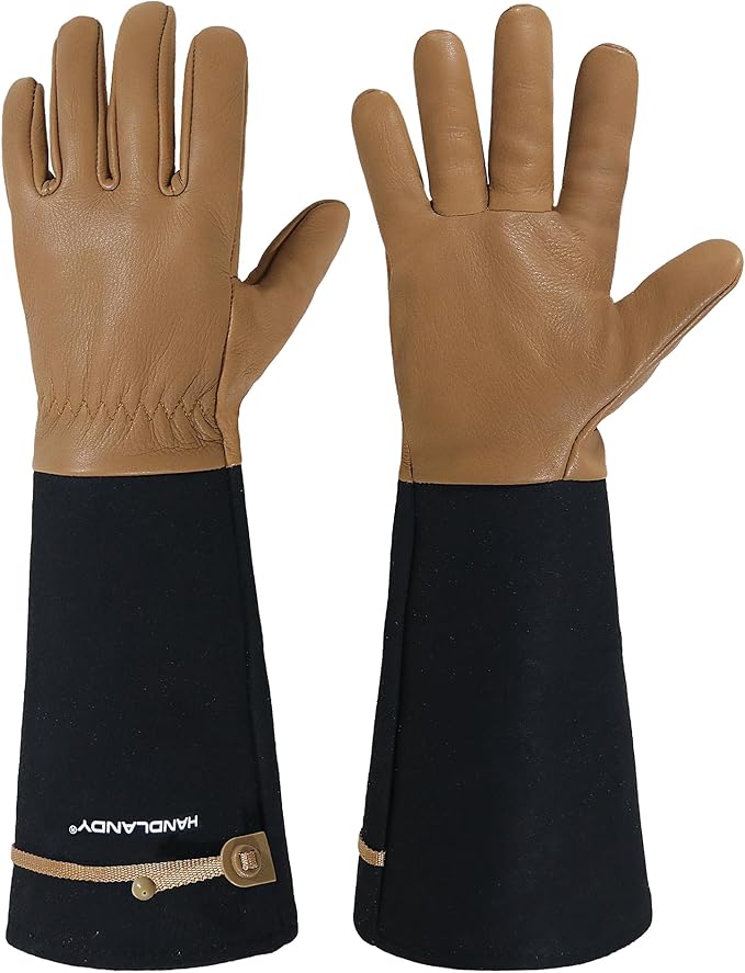 HANDLANDY Long Gardening Gloves for Men & Women, Cowhide Leather Rose Pruning Gloves, Breathable Thorn Proof Gauntlet Gloves (Brown-Cowhide, S)