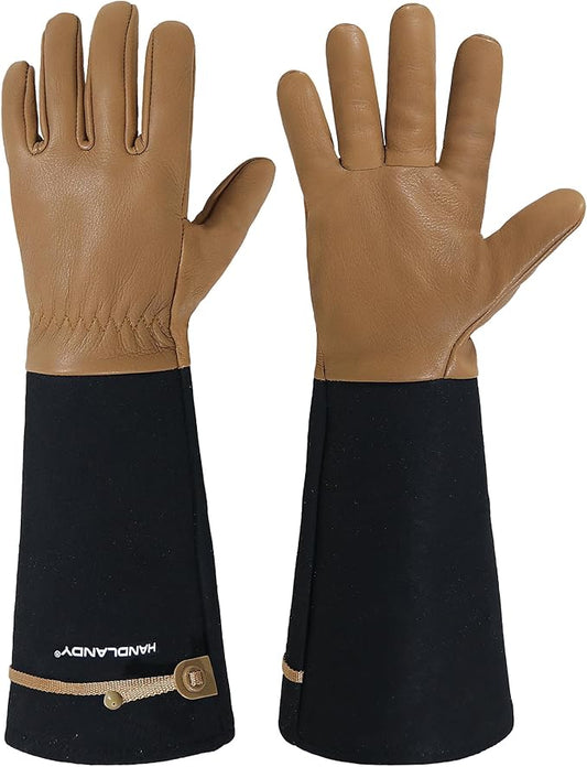 HANDLANDY Long Gardening Gloves for Men & Women, Cowhide Leather Rose Pruning Gloves, Breathable Thorn Proof Gauntlet Gloves (Brown-Cowhide, S)