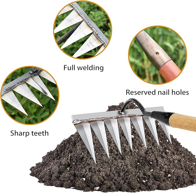 Iron Rake for Gardening and Weeding - Heavy Duty Garden Tool, Carbon Steel Hand Rake for Sturdy Dethatching, Heavy Duty Rake 7 Toothed Steel (Without Stick)