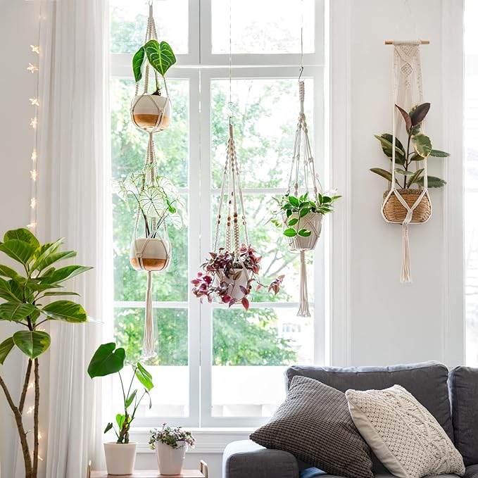 Mkono Macrame Plant Hangers, 5 Pack Different Tiers Indoor Hanging Planters Basket with 5 Hooks Decorative Flower Pots Holder Stand Boho Home Decor, Ivory