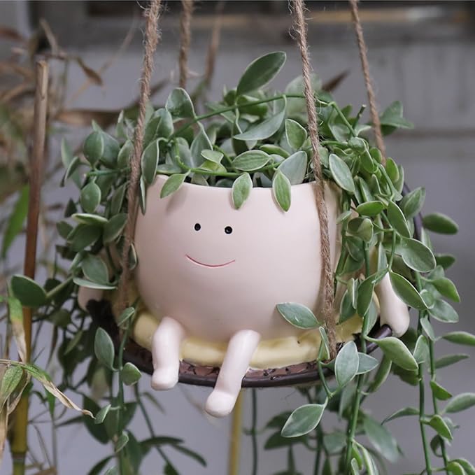 Hanging Swing Chair Planter Pot Resin Smiley Face Planter for Indoor Outdoor Plant Cute Head Flower Pots for String of Pearls Plant Live Unique Gift IdeaI for Mother Day, Christmas (Small)