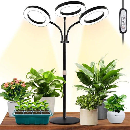 LBW Halo Plant Grow Light, Tri-Head Desk Grow Light for Indoor Growth, 72x3 LEDs Full Spectrum Grow Lamp with 4/8/12H Auto Timer, 4 Brightness Levels, Height Adjustable, Ideal for Indoor Plants, Black
